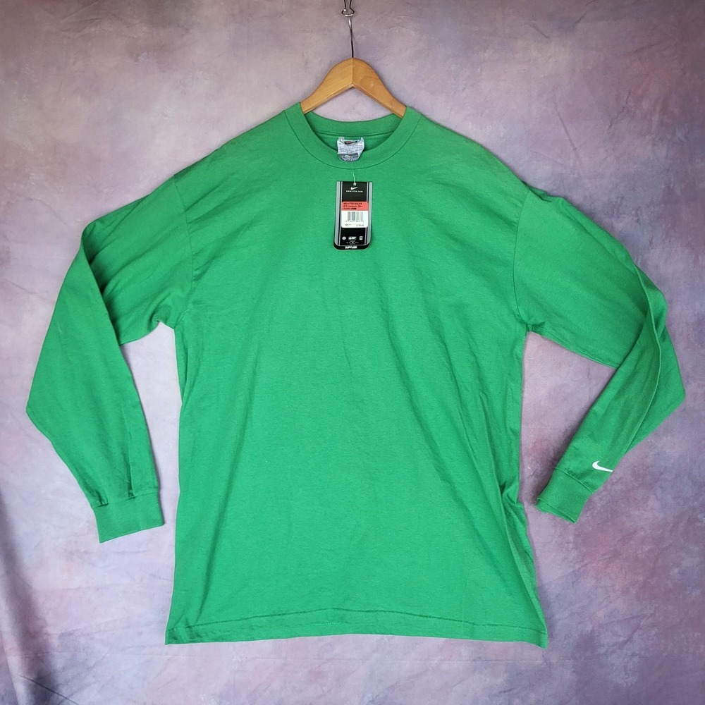 Nike Team Long Sleeve Shirt Mens Size L Green Cotton Swoosh Logo Crew Neck